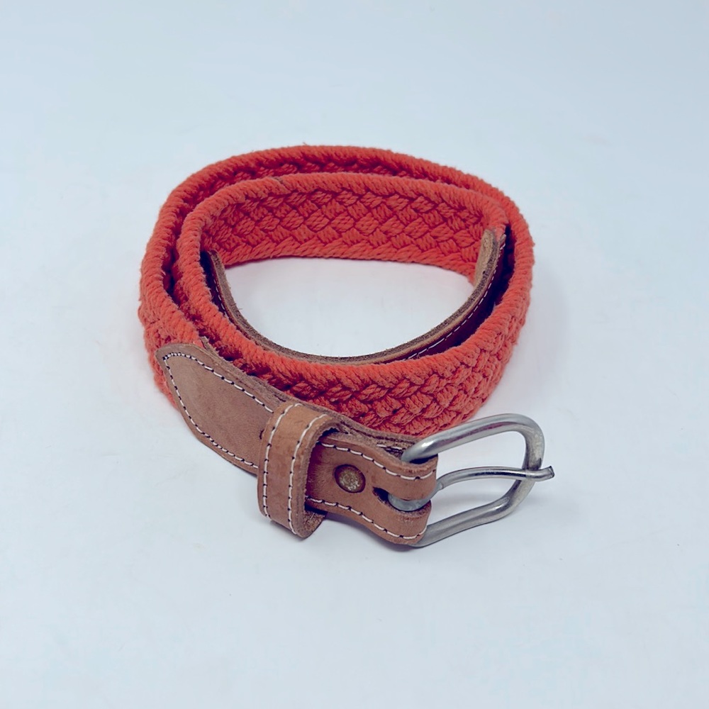 Genuine Leather Coral Orange Woven Silver Buckle Belt Size Small